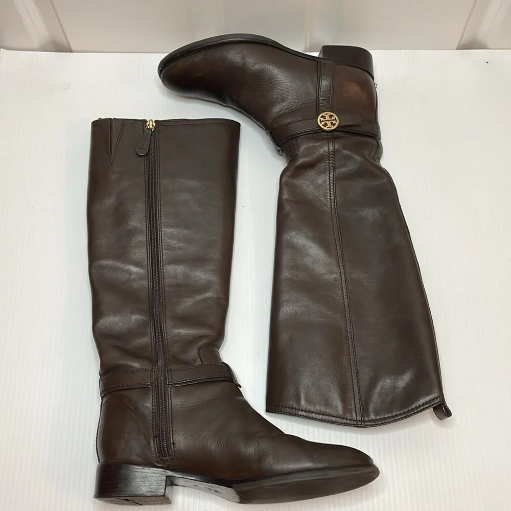 Tory Burch Riding Bristol Boots Women’s Sz 8 Brown Coconut Gold Leather Side Zip
